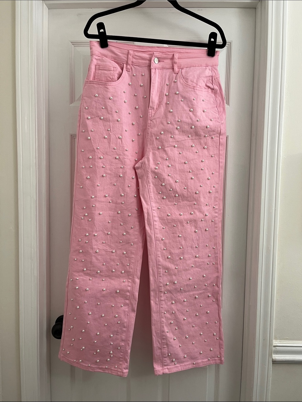 Pink Wide-Leg Pearl-Embellished Jeans